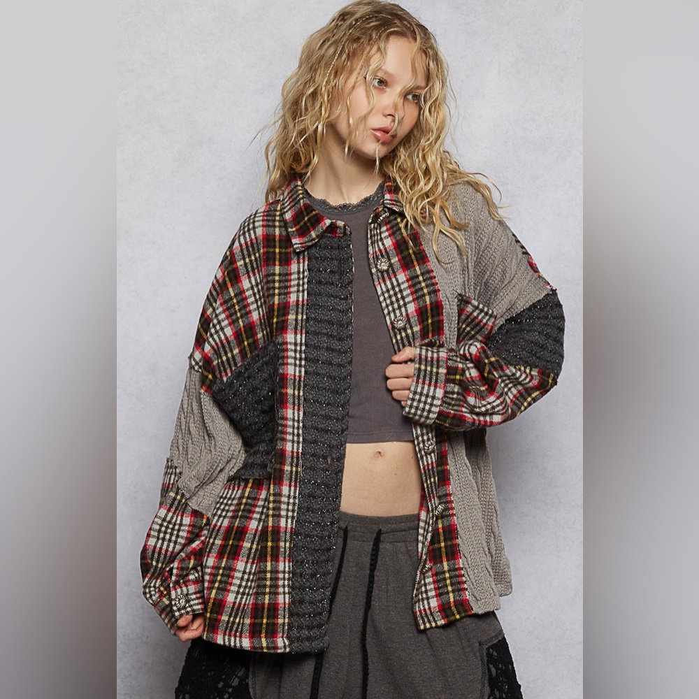 🖤 POL “ Backstage Flannel “ Plaid Flannel and Knit Shacket | Charcoal Multi - Picture 2 of 6